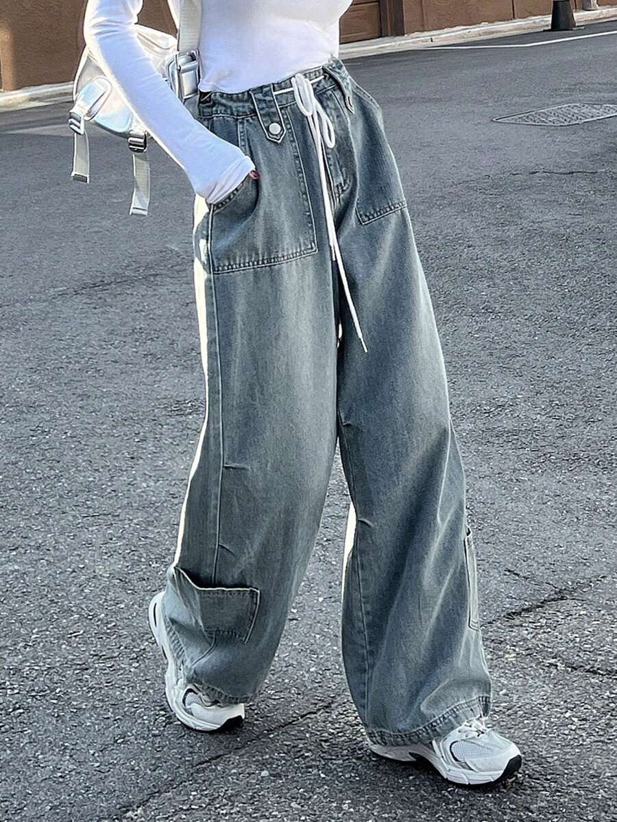 DAZY 抽绳腰阔腿牛仔裤，宽松牛仔裤 - 藍色 - 查看 1