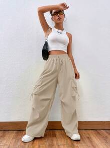 SHEIN Unity Flap Pocket Side Drawstring Waist Cargo Pants - Apricot - View 6