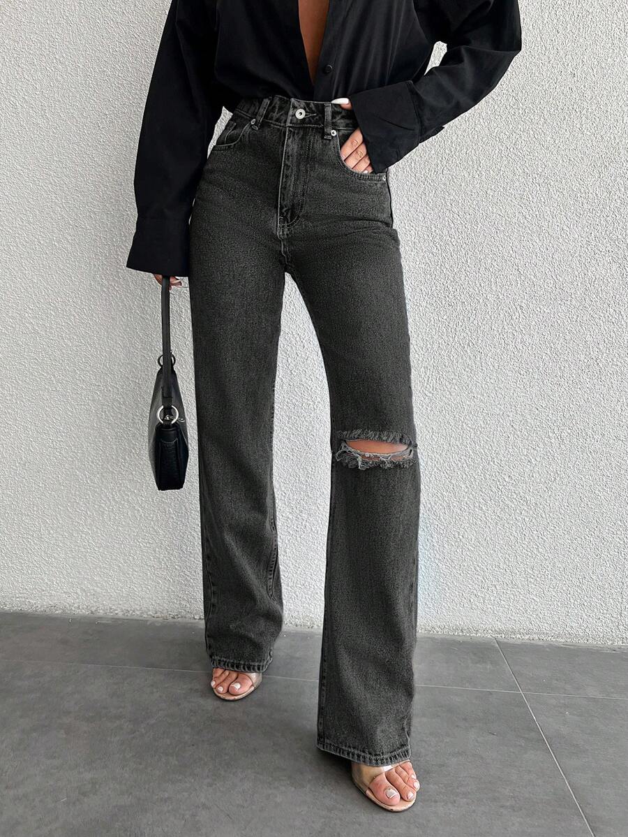 EURMUSE Ladies' Casual Solid Color Distressed Jeans - Dark Grey - View 1