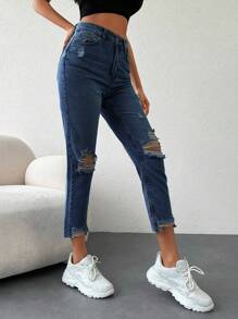 EURMUSE Women's Casual Washed Distressed 7/8 Length Jeans - Dark Wash - View 4