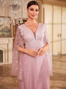 SHEIN Belle 蕾絲拼接開衩袖網紗正式洋裝 - 粉色 - 查看 6