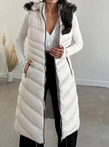 EURMUSE Slant Pockets Fuzzy Trim Hooded Puffer Vest Coat - Grey - View 5