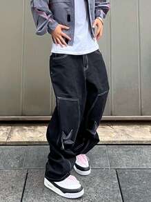 Manfinity Roghcode 男士鬆身牛仔褲，帶星星圖案和傾斜口袋，寬鬆長版洗後深色工裝牛仔褲，純黑派對街頭穿搭饒舌歌手 - 黑色 - 查看 5