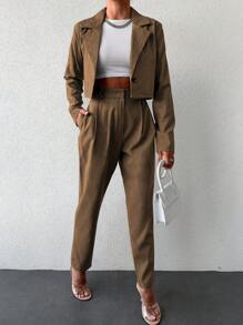 EURMUSE Damski Pasek Marynarki Kurtki Z Kołnierzyk Z Klapą I Spodnie Komplety Biżuterii - Wielbłąd - Zobacz 3