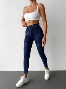 SHEIN PETITE Women's Skinny Cat Whisker Jeans - Dark Wash - View 3