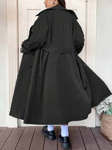 Flirla 大尺碼女士雙排扣風衣 - 黑色 - 查看 1