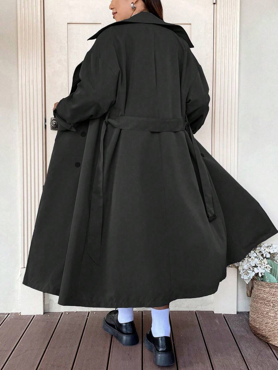 Flirla 大尺碼女士雙排扣風衣 - 黑色 - 查看 1