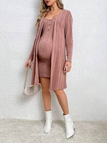 SHEIN Maternity 1pc Solid Cami Dress & 1pc Coat - Dusty Pink - View 4