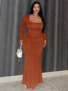 Slaydiva Hơn Cổ vuông Nàng tiên cá Hem Váy bodycon - Màu Cam san hô - Xem 5