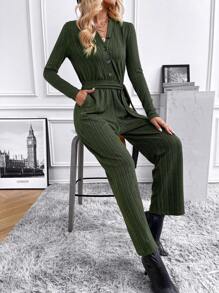 SHEIN LUNE Slant Pocket Belted Jumpsuit - Army Green - View 1