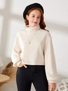 SHEIN 少女編織純色短款高領泡泡袖休閒長袖T卹