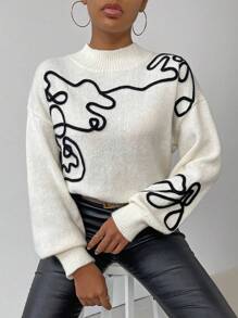 EMERY ROSE Graphic Pattern Drop Shoulder Mock Neck Sweater,Long Sleeve Tops Knit Pullover Fall Winter Sweater - Black and White - View 1