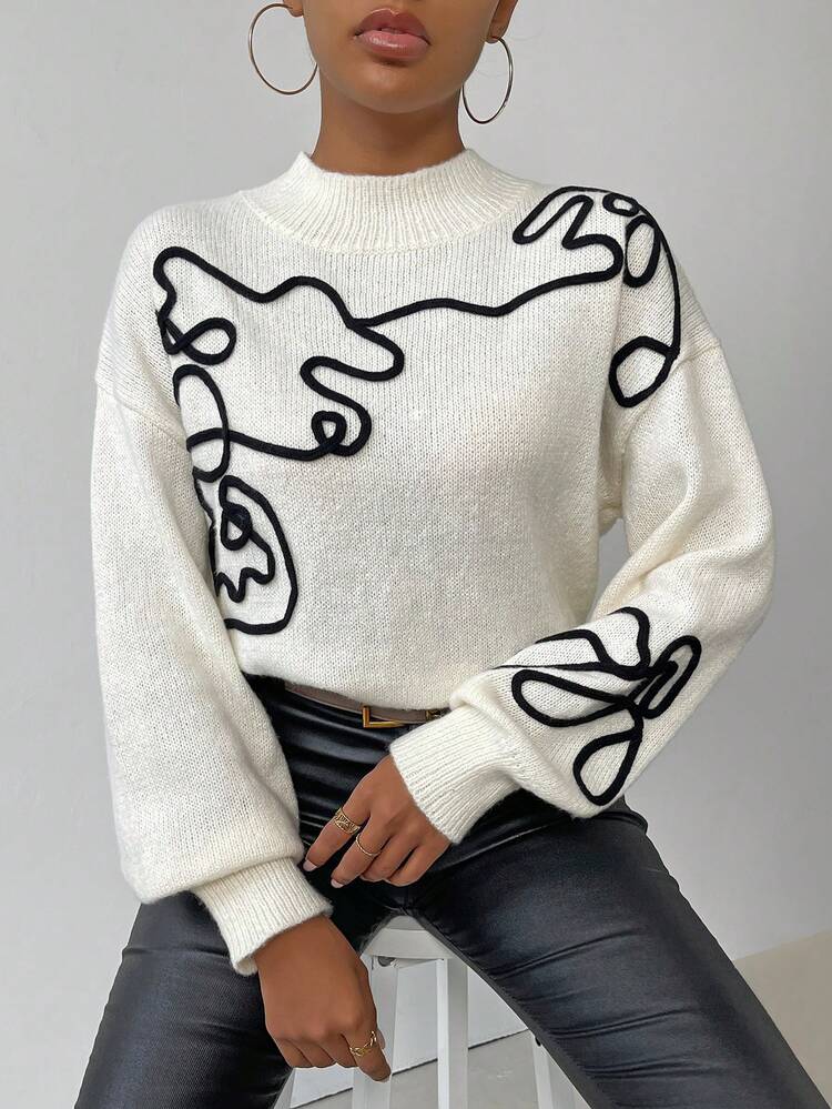 Graphic Pattern Drop Shoulder Mock Neck Sweater,Long Sleeve Tops Knit Pullover Fall Winter Sweater