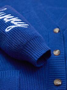 LOONEY TUNES X SHEIN Tween 女孩字母和卡通刺繡雙口袋落肩開襟衫 - 藍色 - 查看 11