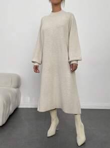 EURMUSE Raglan Sleeve Sweater Dress Without Belt - Beige - View 4