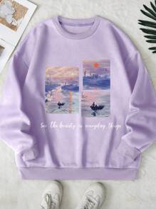 SHEIN EZwear Hơn Slogan & Biển Đồ họa Lót nhiệt Áo nỉ - Màu Lilac Tím - Xem 1