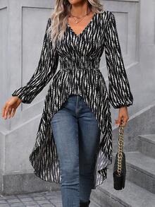 SHEIN LUNE Allover Print High Low Hem Blouse - Black - View 6