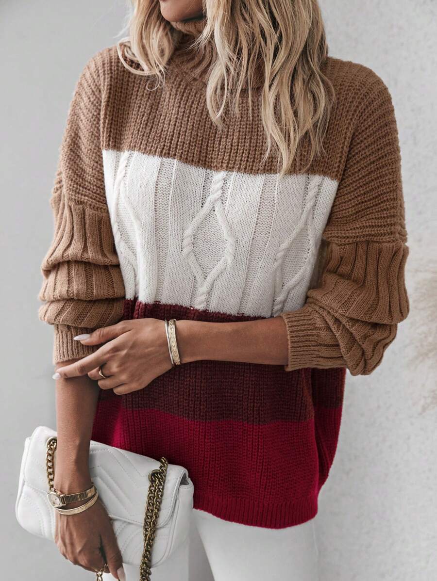 SHEIN LUNE Áo len cổ cao phối màu, vai rớt, dệt kim kiểu cáp, thích hợp cho mùa thu đông. - Nhiều màu - Xem 1