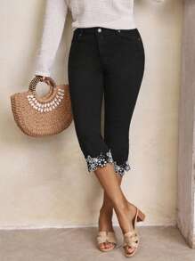 SHEIN LUNE Contrast Floral Trim Skinny Jeans - Black - View 5