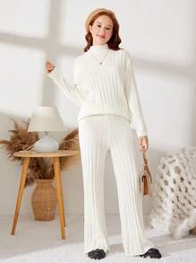 SHEIN Chica adolescente Jersey de cuello alto con pantalones tejidos - Blanco - Ver 1