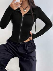 SHEIN EZwear Zip Up Drawstring Hooded Jacket In Fall/Winter - Black - View 1