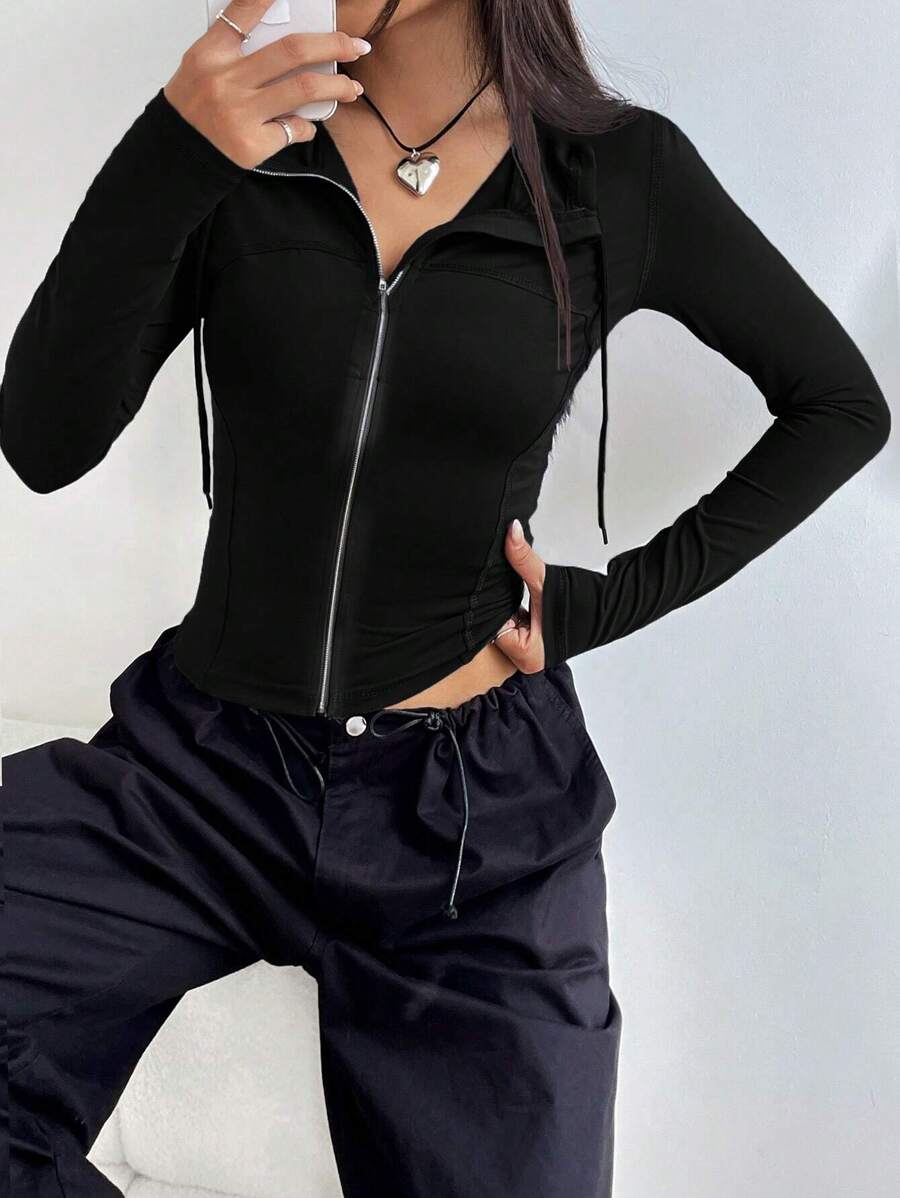 SHEIN EZwear Zip Up Drawstring Hooded Jacket In Fall/Winter - Black - View 1