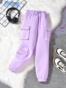 SHEIN Chica preadolescente Pantalones deportivos cargo con bolsillo lateral con solapa de cintura con cordón - Púrpura malva - Ver 3