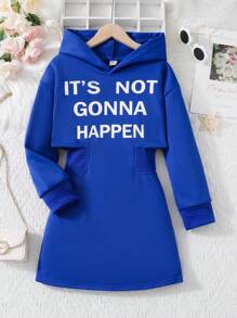 SHEIN Tween Girl Slogan Graphic Drop Shoulder Hooded Sweatshirt Dress - Blue - View 1