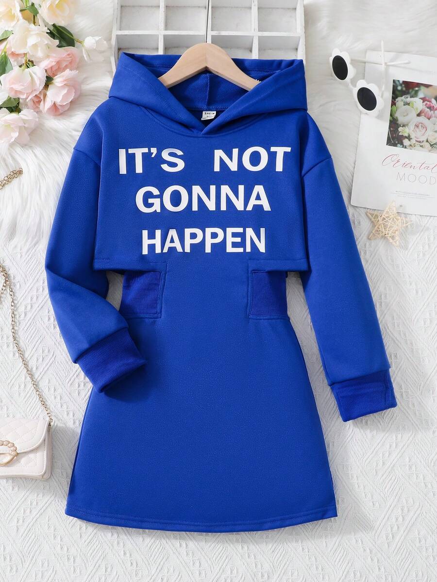 SHEIN Tween Girl Slogan Graphic Drop Shoulder Hooded Sweatshirt Dress - Blue - View 1