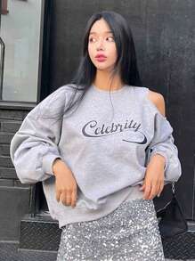 DAZY Women's Letter Printed Hollow Out Drop Shoulder Sweatshirt,Fall Clothes - Grey - View 1