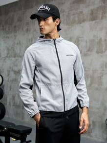Gym Rark Men Letter Graphic Raglan Sleeve Hooded Sports Jacket Workout Tops Sports Jacket - Light Grey - View 7