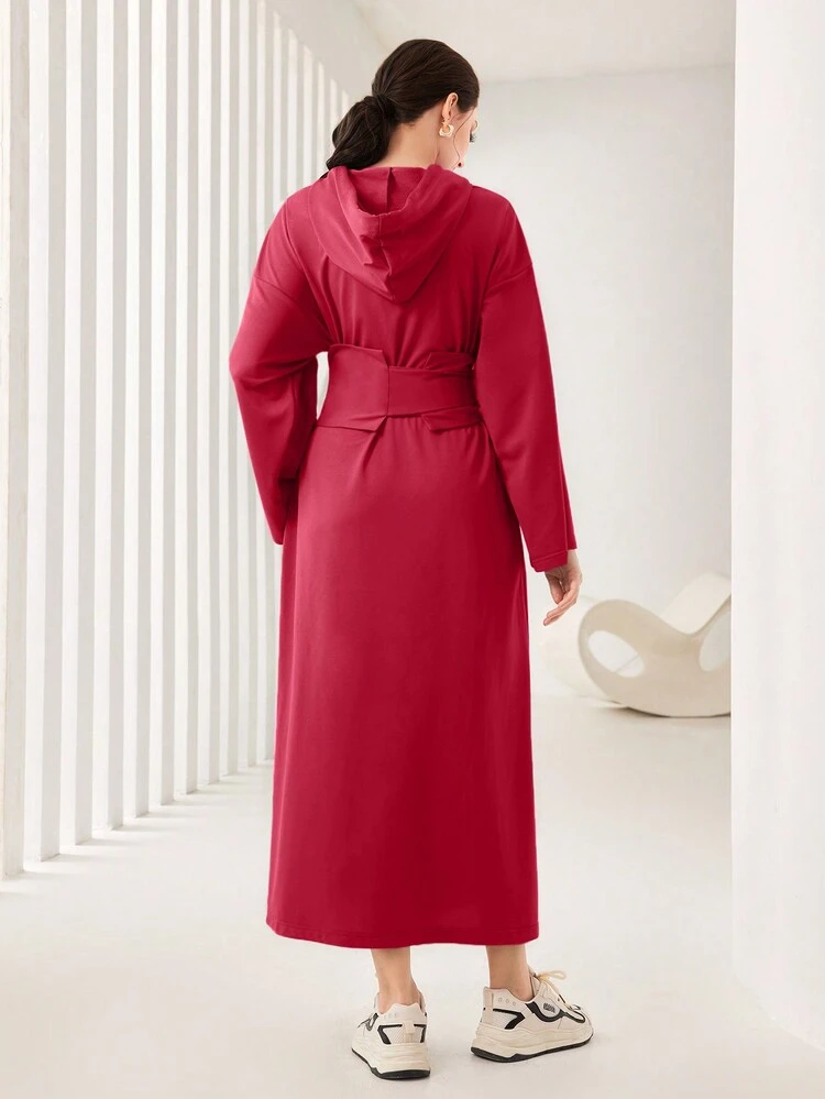 Burgundy Red Letter Graphic Drop Shoulder Belted Hooded Dress