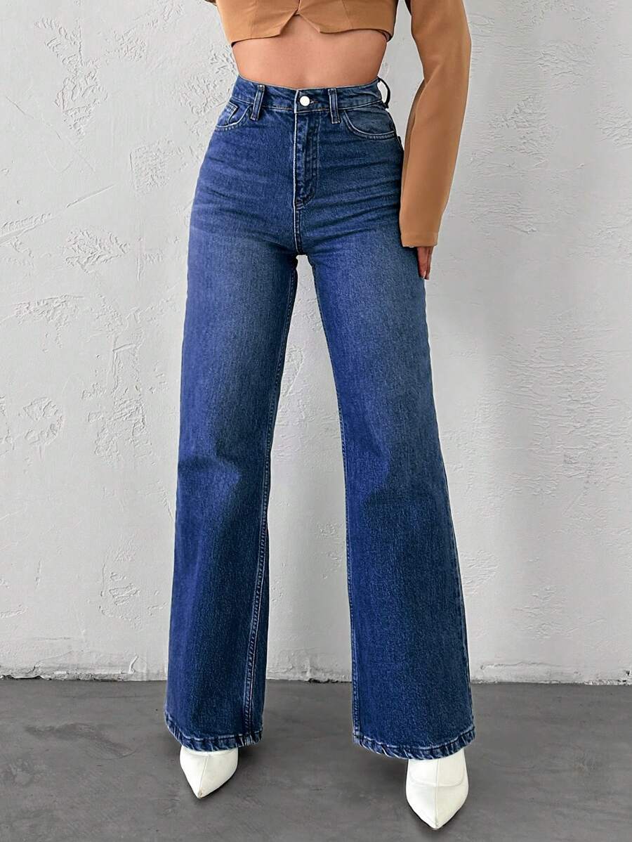 EURMUSE Straight High Waist Jeans - Navy Blue - View 1