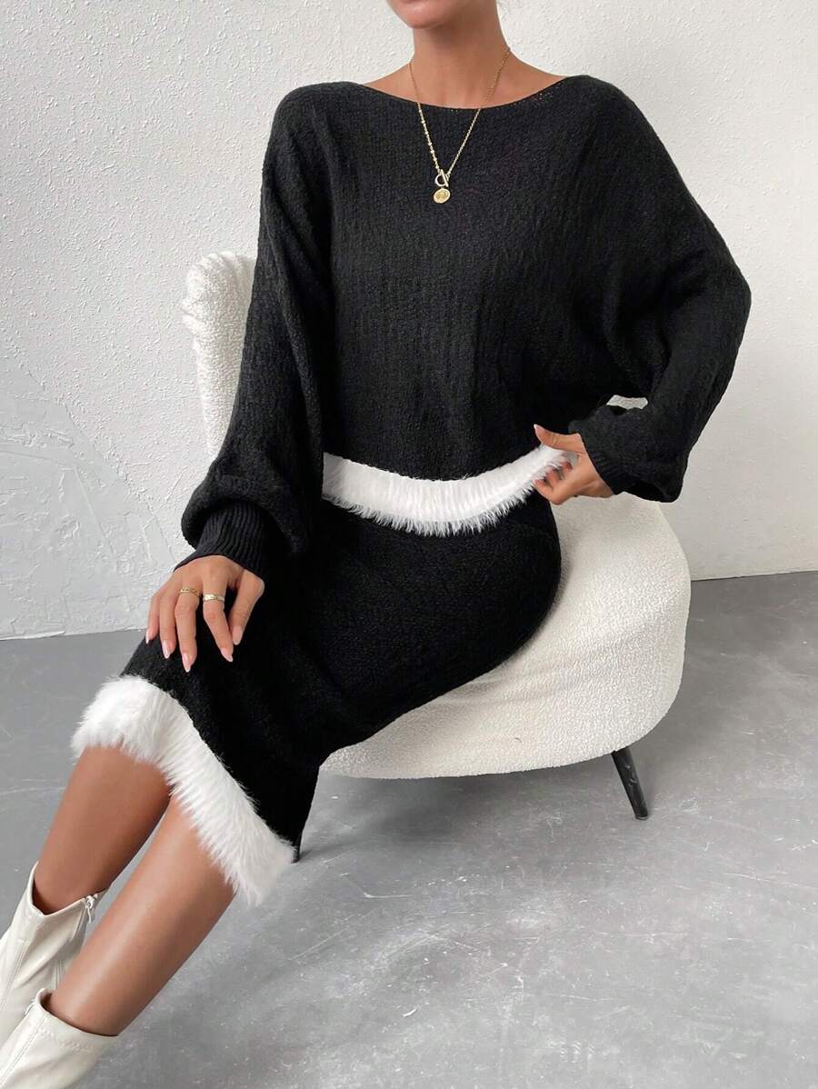 Chiquease Trang trí Fuzzy Thả vai Sweater & Knit Skirt - màu đen - Xem 1