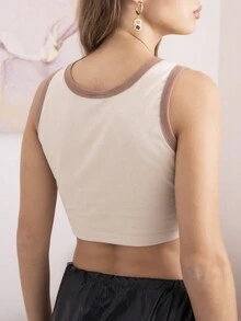 SHEIN 花卉圖案補丁貼撞色滾邊短款背心 - 米色 - 查看 2