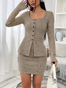 Muchica Square Neck Button Front Top & Bodycon Skirt - Khaki - View 1