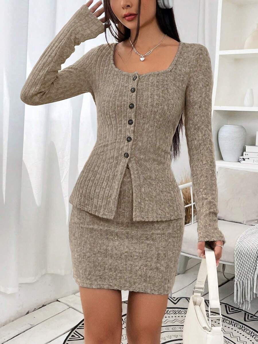 Muchica Square Neck Button Front Top & Bodycon Skirt - Khaki - View 1