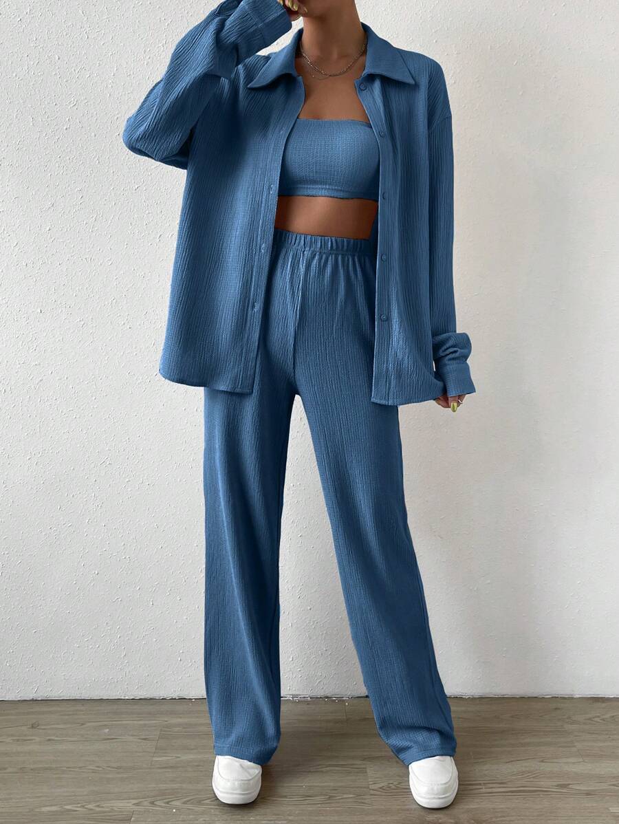 SHEIN EZwear 素色抹胸上衣和褲子&落肩袖襯衫 - 藏蓝色 - 查看 1