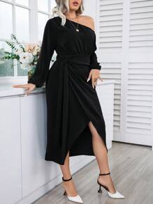 SHEIN Clasi Plus Asymmetrical Neck Lantern Sleeve Draped Side Wrap Hem Dress - Black - View 6