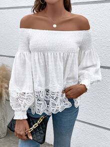 SHEIN Privé 女士露肩蕾絲下擺上衣 - 白色 - 查看 5