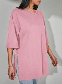 EURMUSE Women's Casual Everyday Commute Solid Color Drop Shoulder Loose Slit Hem T-Shirt, Summer - Pink - View 3
