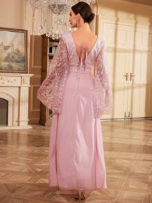 SHEIN Belle 蕾絲拼接開衩袖網紗正式洋裝 - 粉色 - 查看 2