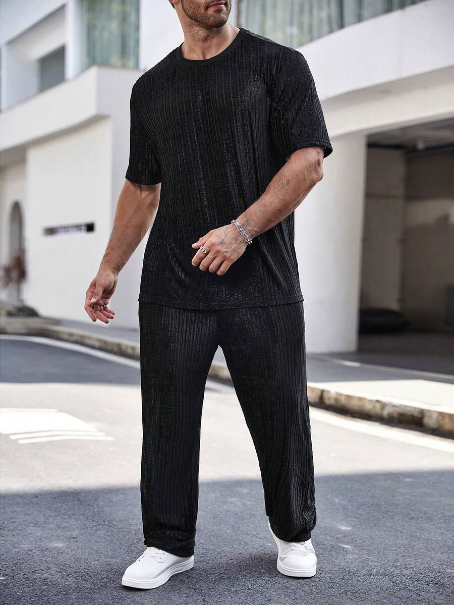 Manfinity Homme Men Plus Solid Tee & Pants - Black - View 1
