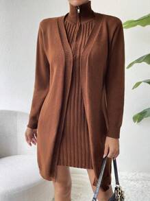 Chiquease High Neck Half Zipper Placket Sweater Dress & Cardigan - Coffee Brown - View 6