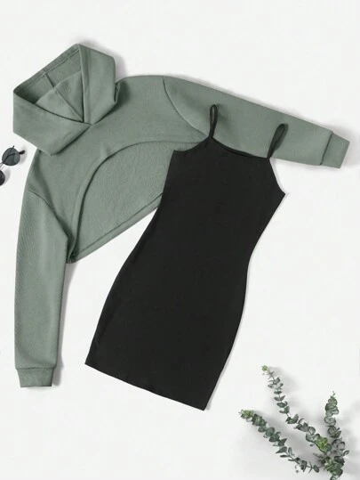 RueChic Tween Girl Solid Color Hoodie Crop Top And Cami Dress With High-Low Hem