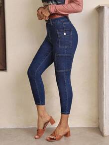 SHEIN PETITE Túi vá Bên Quần jean ôm - Rửa tối - Xem 5