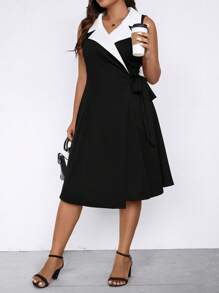 SHEIN Clasi 大碼聖誕拼接面側打結圍裹式洋裝 - 黑與白 - 查看 1
