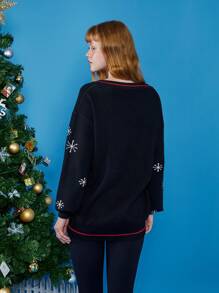 LOONEY TUNES X SHEIN Christmas Pattern Drop Shoulder Sweater - Black - View 2