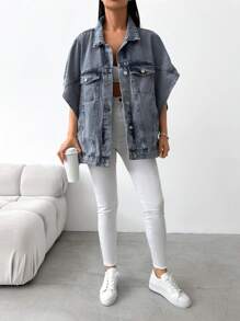 Cottnline Loose Fit Casual Half-sleeve Denim Jacket - Light Grey - View 4