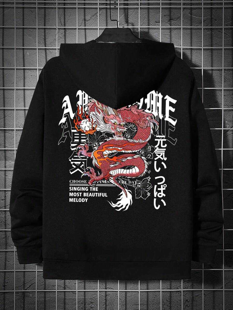 SHEIN 寬鬆男龍與字母圖案落肩連帽衫 - 黑色 - 查看 1